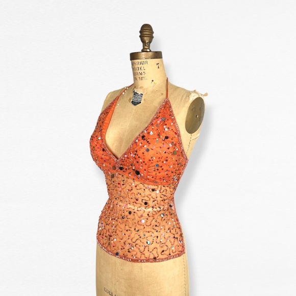 Vintage Tops - Vintage Y2K Orange V- Neck Sequin Beaded Babydoll Halter Top
